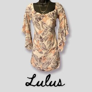 𝅺: : LULUS Leaf Print Long Sleeve Bell Sleeve Cut Out Back Short Dress : :